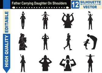 Silhouette collection of a father carrying his daughter on his shoulders, representing fatherhood, support, childhood joy, and family bonding outdoor.