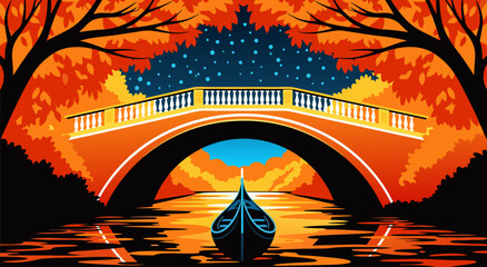 Autumn Venetian Canal Gondola Ride Illustration with Bridge and Fall Foliage - Vector Art © PDWN Creative
