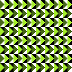 Seamless geometric triangle pattern with optical illusion effect. Green and black angular shapes create dynamic movement and visual vibration. Abstract repeating background.