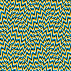 Seamless wavy geometric pattern with optical drift illusion. Vibrating blue, yellow and black lines create strong motion and psychedelic distortion effect. Abstract repeating background.