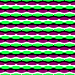 Seamless horizontal geometric pattern with optical drift illusion. Green and magenta curved shapes create hypnotic movement and wave distortion. Abstract repeating background.