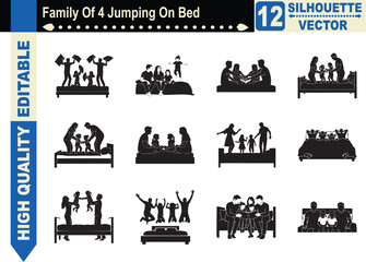 Silhouette collection of a family of four jumping on a bed in joy, representing home happiness, playful parenting, active kids, and family bonding.