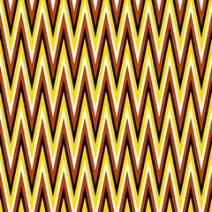 Seamless geometric zigzag pattern with optical drift illusion effect. Vibrating wavy lines in orange, yellow and black create dynamic movement and visual distortion. Abstract repeating background.