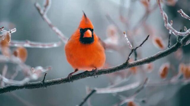 Cardinal perched on an iced branch vibrant against a blurred winter backdrop