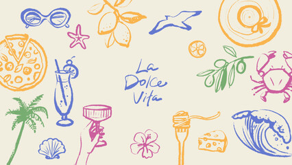 Obraz premium Hand drawn sketch tropical frame. Dolce vita summer vibe. Vintage Italy Mediterranean coastal vacation poster. Vector isolated illustration