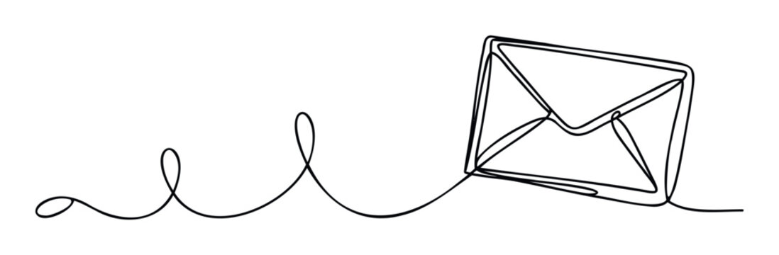 Simple abstract single line drawing of an envelope connected to a flowing wavy line representing connection, communication, and digital message delivery for technology and internet