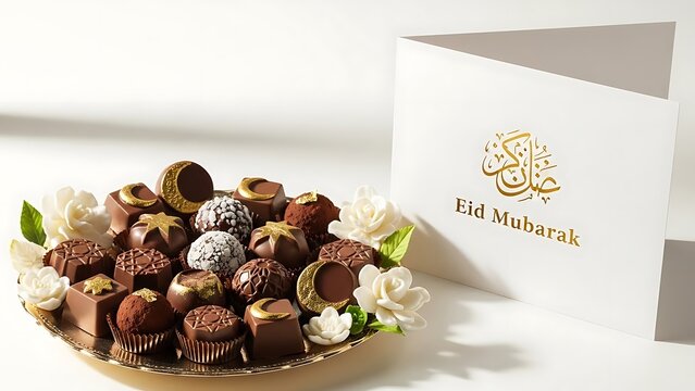 Eid Mubarak card, gourmet chocolates, and white flowers