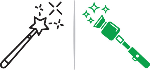 A creative vector illustration featuring a classic black outline magic wand and a stylized green video camera wand casting a trail of stars, symbolizing film magic and digital production. © Nur