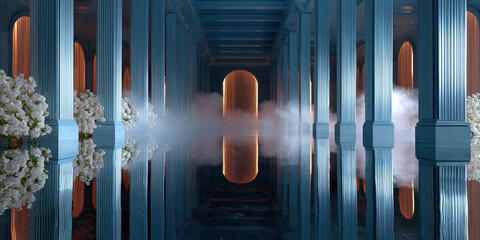 Obraz premium Dreamy romantic backdrop with pastel haze and spacious blue columns reflecting on glossy floor, white flower arrangements, and warm glowing archway creating elegant atmosphere