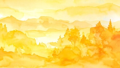 Watercolor landscape painting of mountains, trees, and sky in warm yellow hues