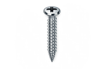 Metallic screw on gray background with cross slot head and sharp point