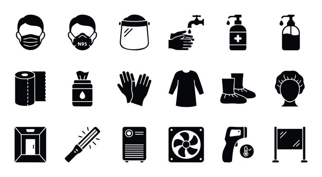 Essential health protection, hygiene, and sanitation icons featuring personal protective equipment and safety measures for public health campaigns and clean environment graphics.