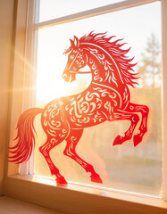 Red paper cut horse art on window