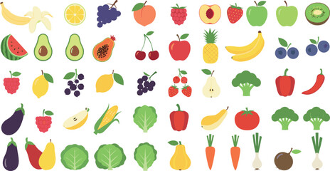 Fruits and vegetables icon set with fresh organic produce colorful flat vector illustration for healthy nutrition cooking menus and food education designs