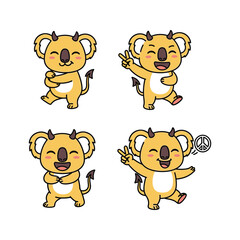 Cartoon koala characters showing various gestures and peace sign with white background