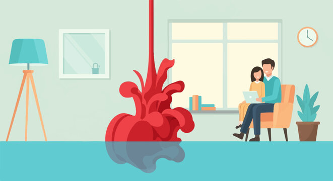 A couple sitting on a chair in a room, with red liquid exploding