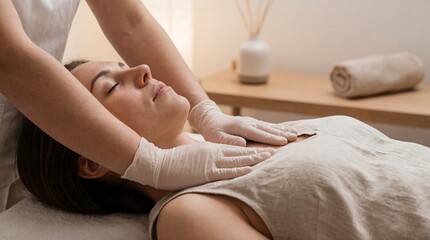 Obraz premium Woman receiving a relaxing massage from a masseuse with gloves. Wellness and body care concept for health and beauty.