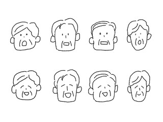 中年、高齢男女の表情セット、顔　A、線画