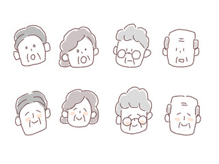 中年、高齢男女の表情セット、顔　B