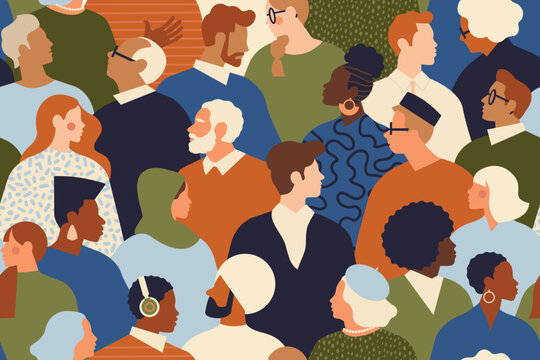 Diverse people in crowd. International multiracial society. Lot of different casual citizens together. Social diversity concept. Modern multi-ethnic public, men and women. Flat seamless pattern