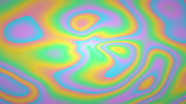 Vibrant iridescent swirling abstract pattern resembling an oil slick or soap film with pastel colors.