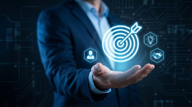 A stylish businessman in a dark suit presents a vibrant glowing digital target icon in his open hand, with several hexagonal business solution symbols floating around it.