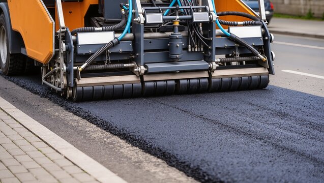 Road repair process with construction machinery laying and compacting fresh asphalt. Equipment restores damaged urban roadway surface during maintenance works