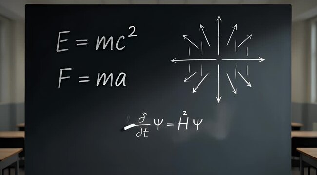 Blackboard with various science and physics equations written in white chalk