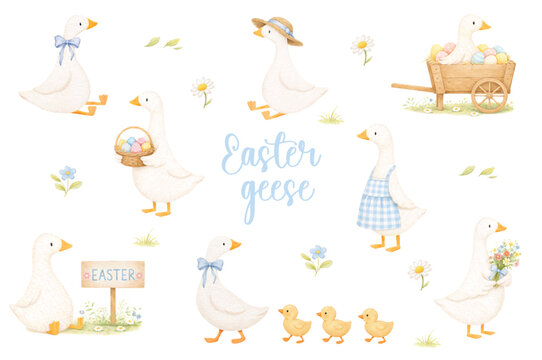 WATERCOLOR EASTER GEESE CLIPART SET WITH FARMHOUSE GOOSE, DUCKLINGS, EGGS AND SPRING FLORAL ELEMENTS