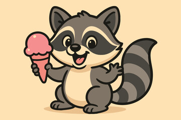 A cheerful raccoon enjoying a pink ice cream cone on a sunny day