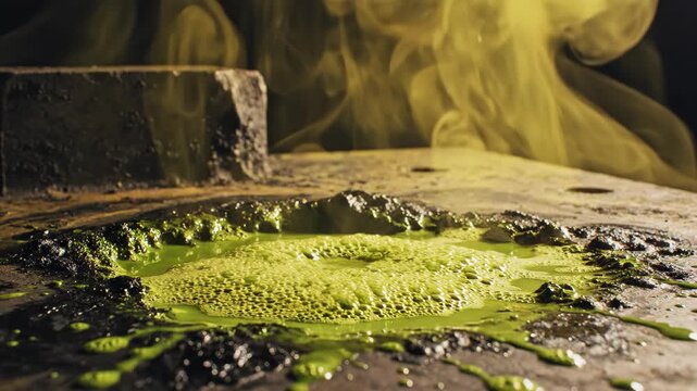 Bubbling green liquid seethes on dark rock, with yellow smoke billowing above