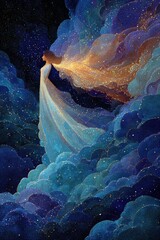 Double exposure portrait of human face silhouette with blue galaxy and nebula representing cosmic consciousness and dream