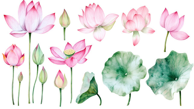 Watercolor lotus elements: pink lotus flowers, buds, seed pods, stems and green leaves on transparent background