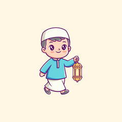 Boy Muslim Holding Ramadan Lantern