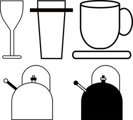 set of black kitchen utensils and coffee cup icons featuring beverage containers and food equipment symbols in a cartoon art design