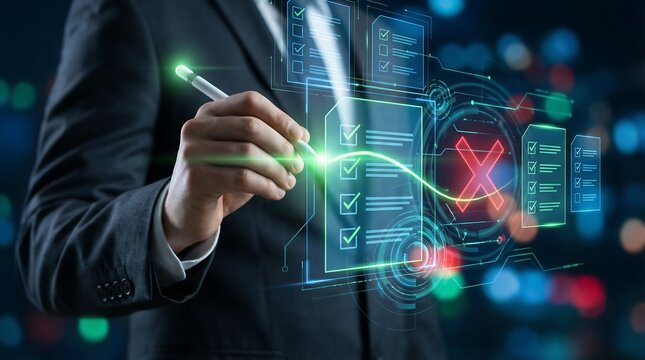 A businessman in a suit uses a digital pen to interact with a complex holographic interface, marking a checklist while a large red 'X' indicates a critical issue.