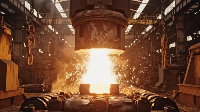 Heavy machinery process molten metal in a smoky, industrial factory setting