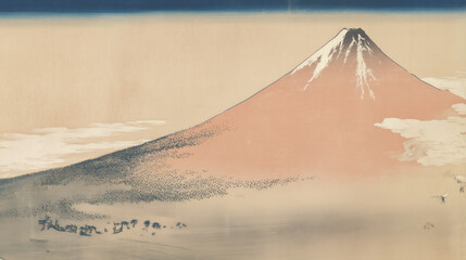浮世絵風で描かれた日本の富士山イラスト