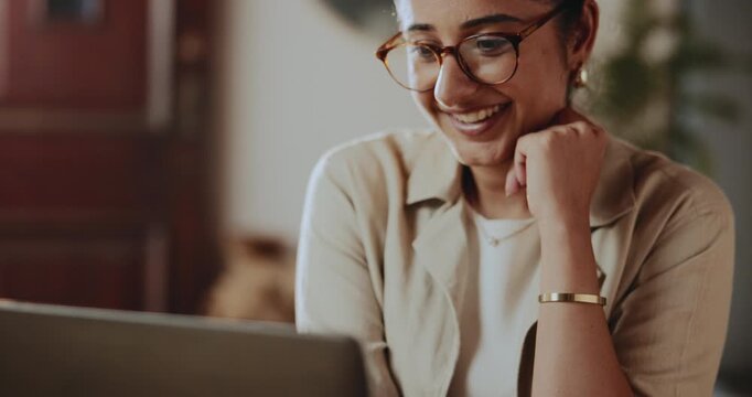 Remote work, review or woman in home with laptop, draft edit or source feedback for article update. WFH, reading or journalist in house with tech, blog fact check or industry research for publication