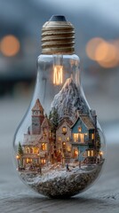 Surreal miniature snowy village landscape inside a glowing lightbulb 3d illustration representing creativity and winter dream