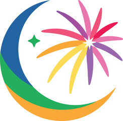 Multicolored crescent moon with starburst isolated on transparent background, Vector, illustration