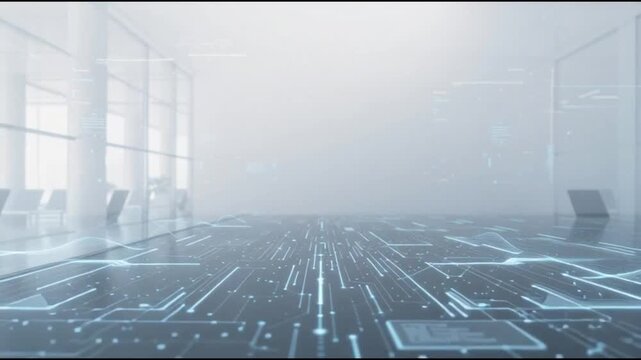 Dynamic digital network pathways illuminating a sleek, modern office space, symbolizing advanced data flow and technological integration in a contemporary business environment