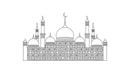 Obraz premium Intricate line drawing of a mosque with multiple domes and minarets.