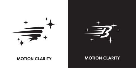 A dynamic logo design featuring a stylized, fast-moving letter "B" with motion trails and sparkles. Presented in high-contrast black and white versions with the text "MOTION CLARITY." © Nur