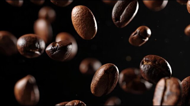 Close-up shot of roasted coffee beans falling against a black background.