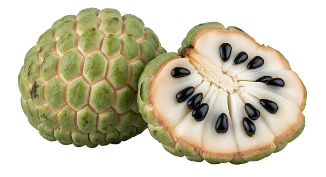 Green custard apple fruit and cut half isolated on a transparent background sugar apple sweetsop