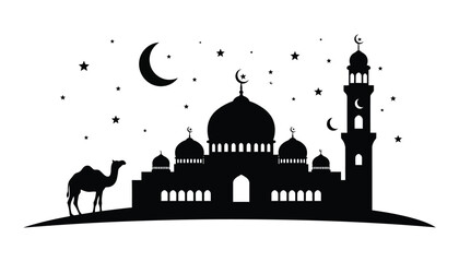 Islamic mosque silhouette with camel under crescent moon