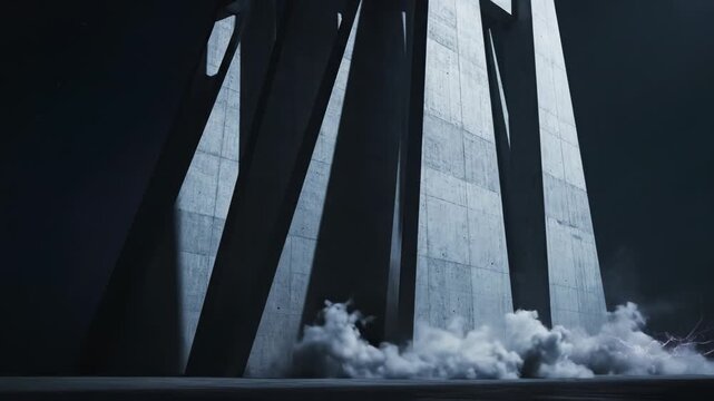 Towering concrete structures emerge from swirling gray mist under a dark sky