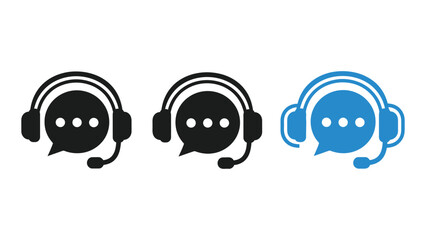 Obraz premium Three stylized headset icons in black and blue colors on a white background isolated on white background, Vector
