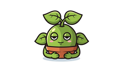 Fototapeta premium Green cartoon plant character with brown pot and leaves isolated on a transparent background